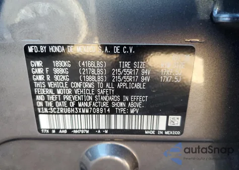 2021 Honda Hr-V Lx из США, поврежденный, VIN 3CZRU6H3XMM708914